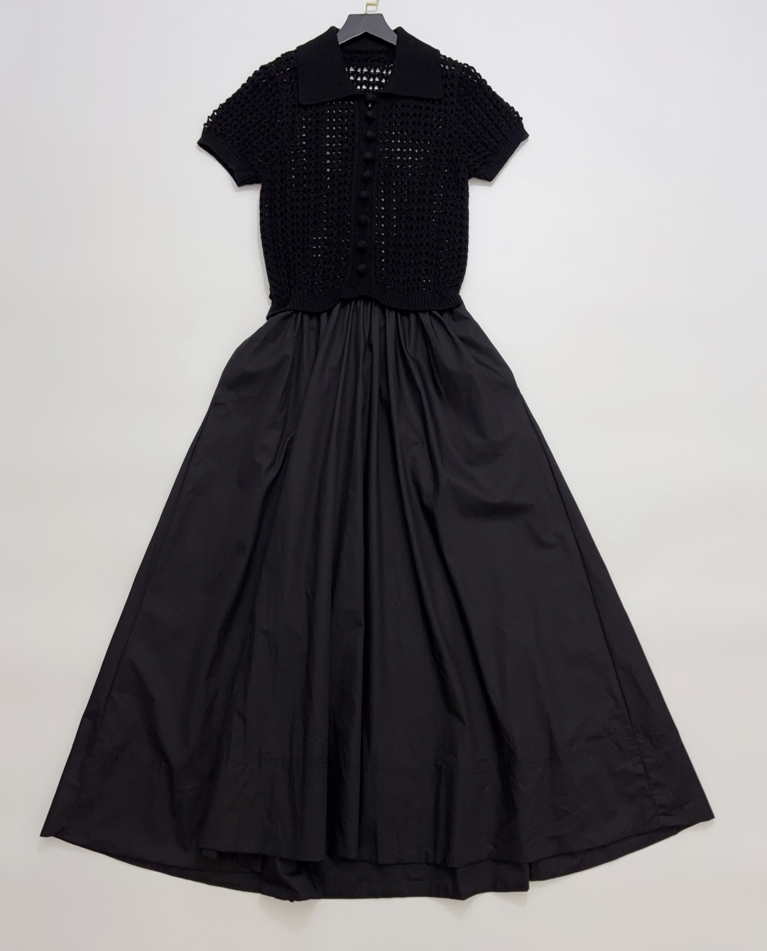 Polo Ralph Lauren Polo Collar Hollow Knit Patchwork Waist-Cinched Black Dress