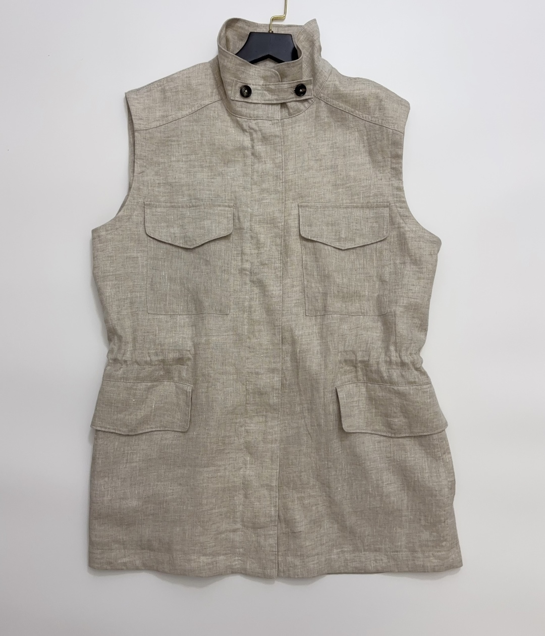 Loro Piana Designed Stand-Collar Multi-Pocket Drawstring Waist Linen Vest Jacket