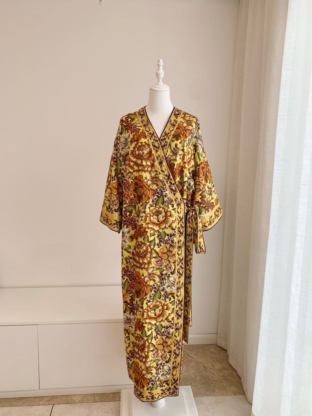 Alémais Heatwave Linen Warm Yellow Vintage Print Tie-Waist Wrap Dress