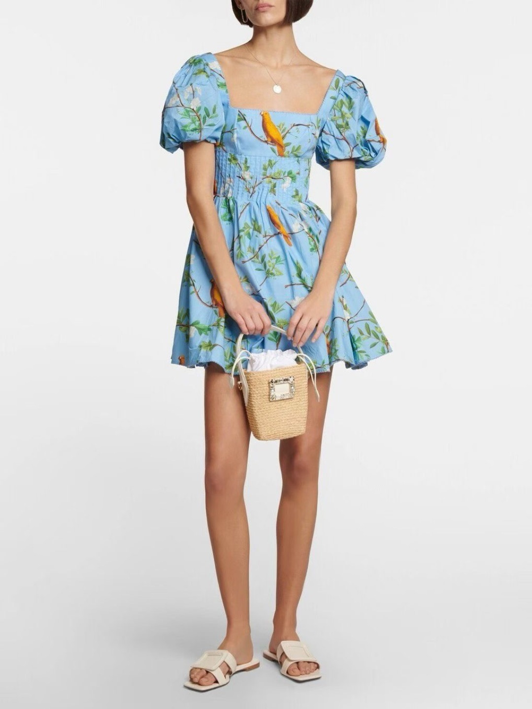 Agua by Agua Bendita Blue Bird Print Puff Sleeve Mini Dress