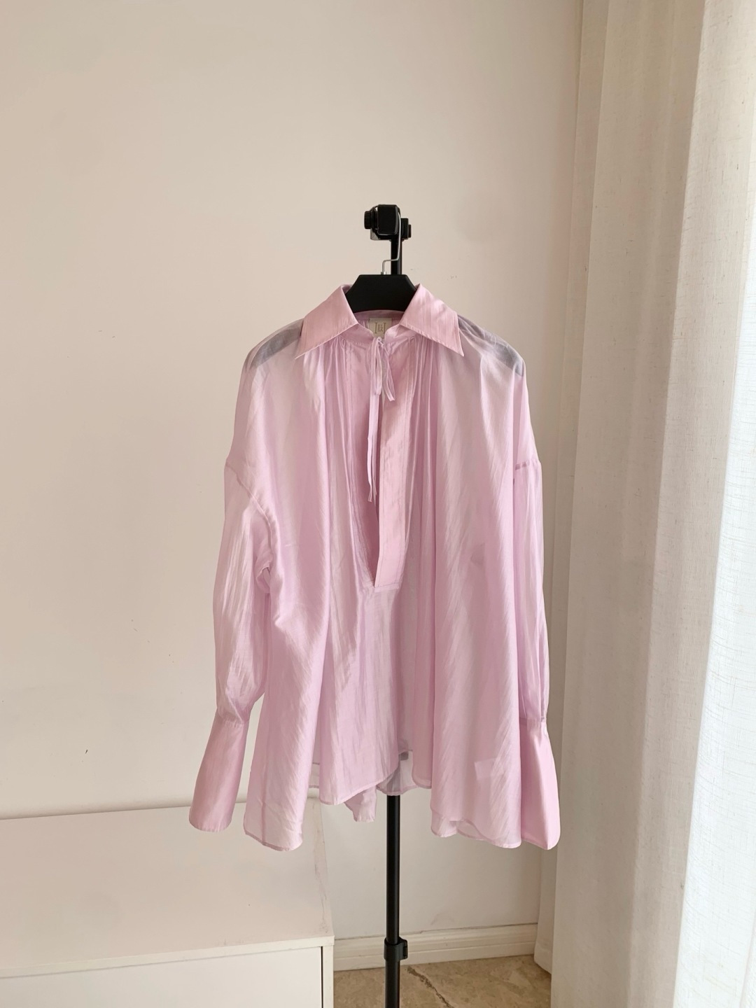 Helsa Pink Semi-Sheer Drawstring V-Neck Drop Shoulder Shirt
