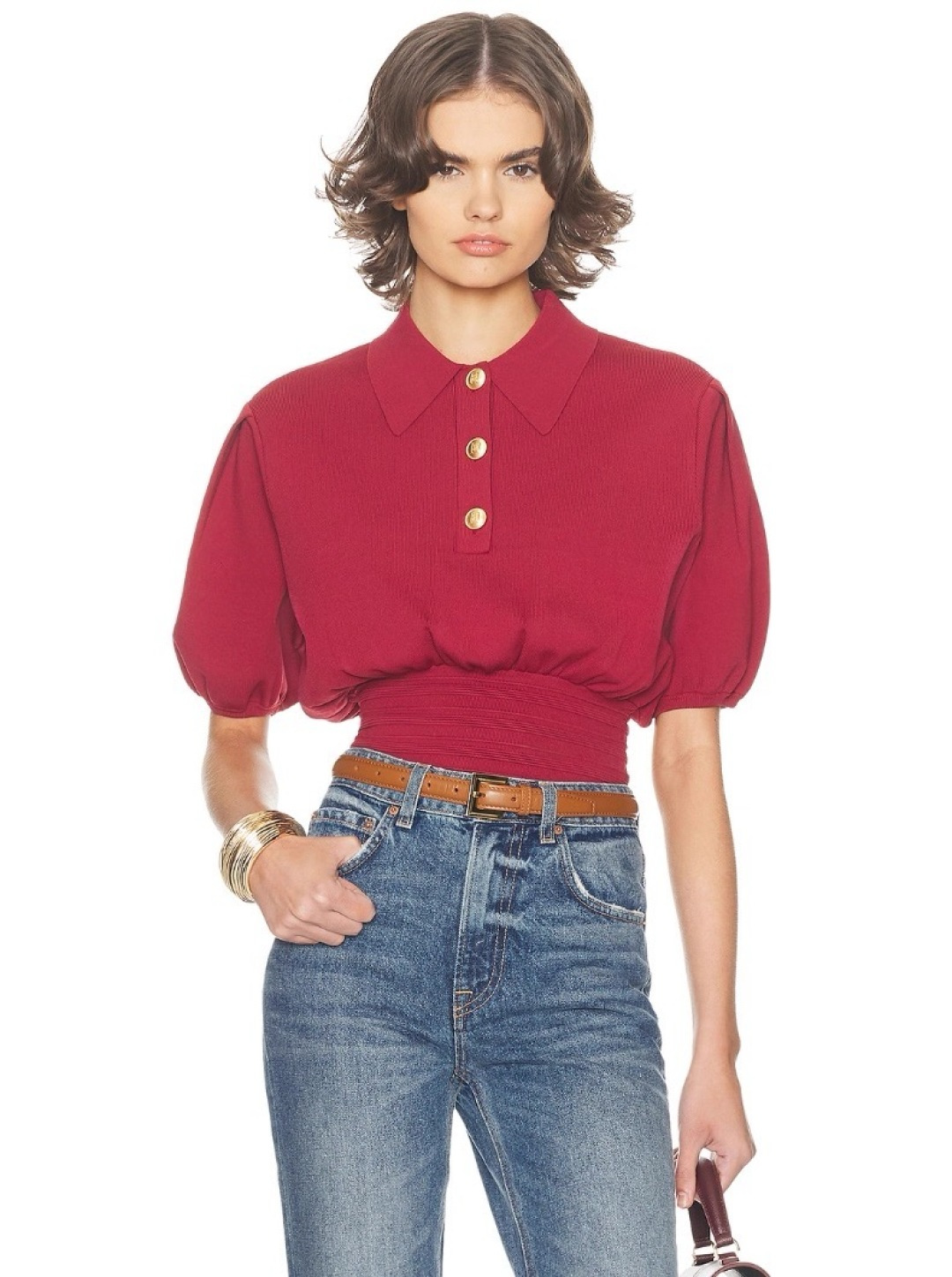 Helsa Versatile Lapel Puff Sleeve Cropped Knit Top with Waist Cinch