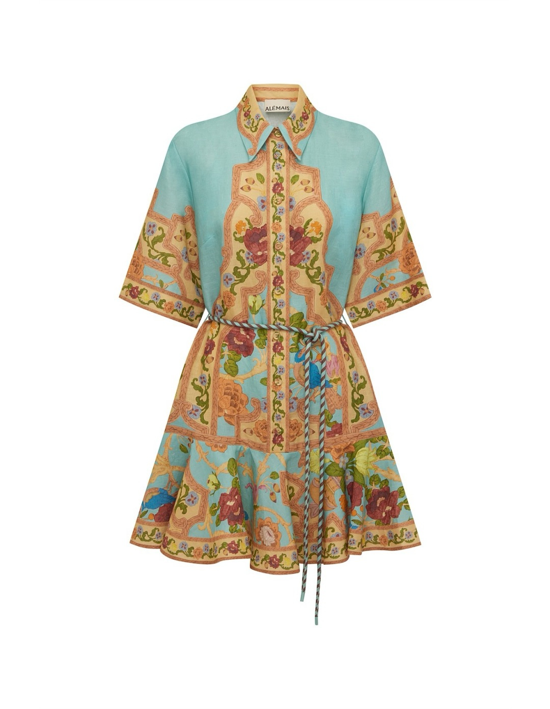 Alémais Light Blue Vintage Floral Print Tie-Waist Mini Dress