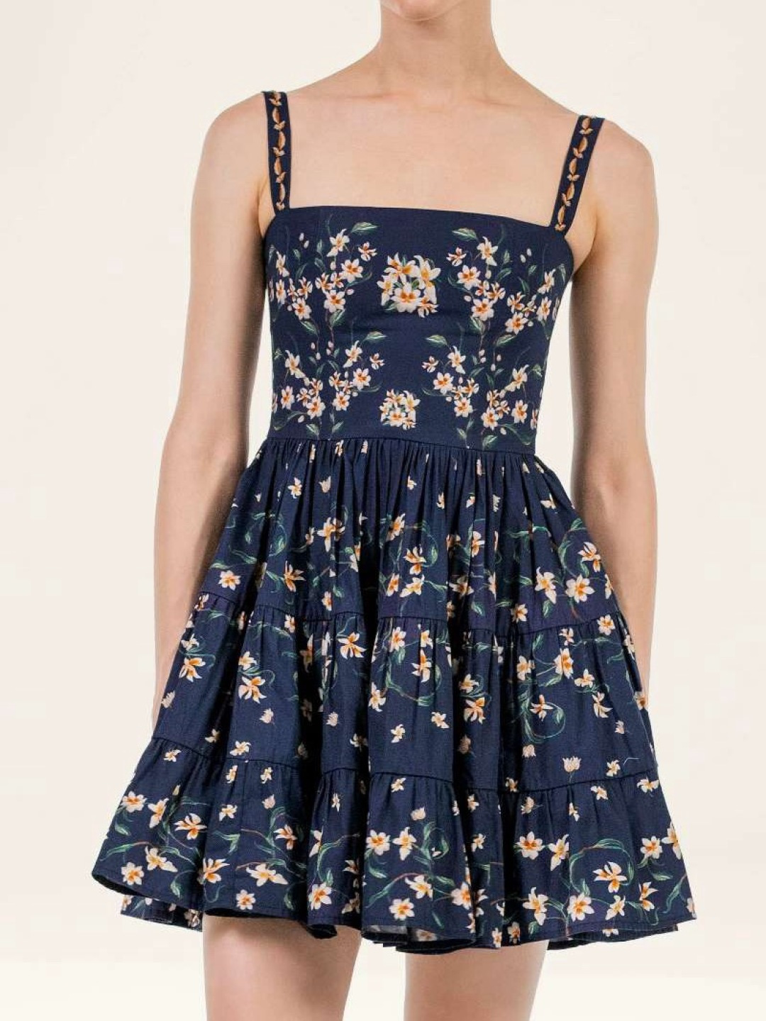 Dark Blue Floral Square Neck Cami Tiered Dress