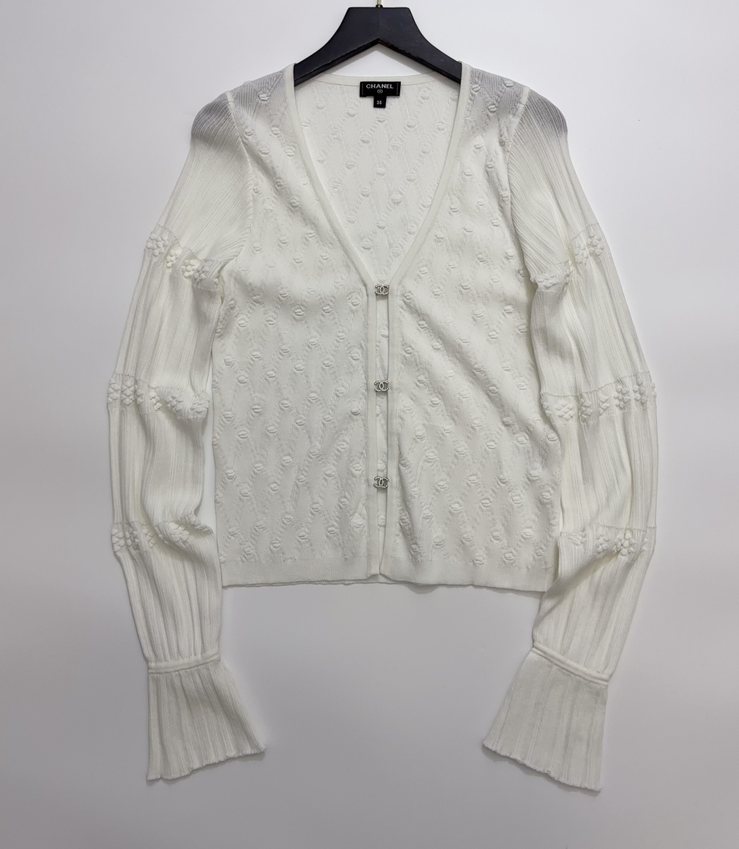 Letter Crystal Button Lace Flare Sleeve Knit Cardigan
