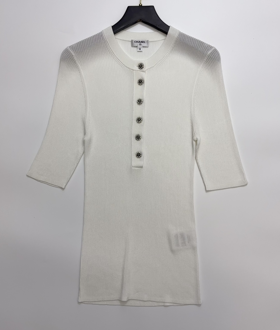 Stretch Slim Fit Round Neck Embellished Knit Short Sleeve Pullover Top