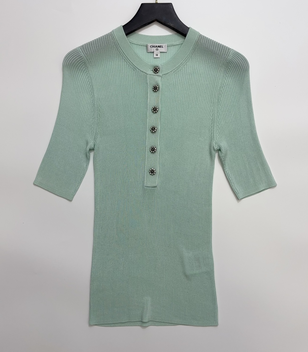 Stretch Slim Fit Round Neck Embellished Knit Short Sleeve Pullover Top