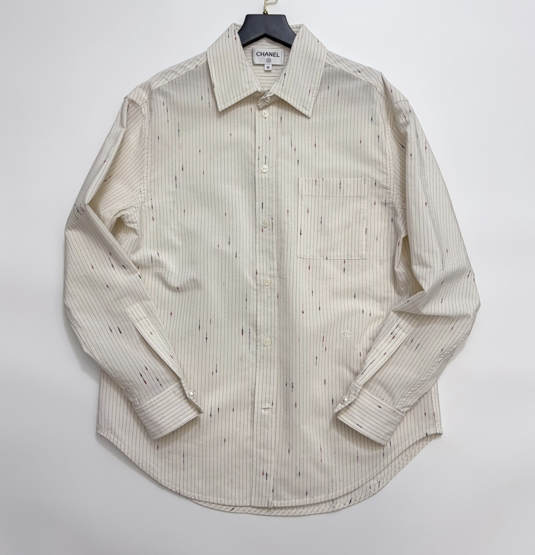 Striped Letter Pearl Button Loose Long Sleeve Collared Shirt