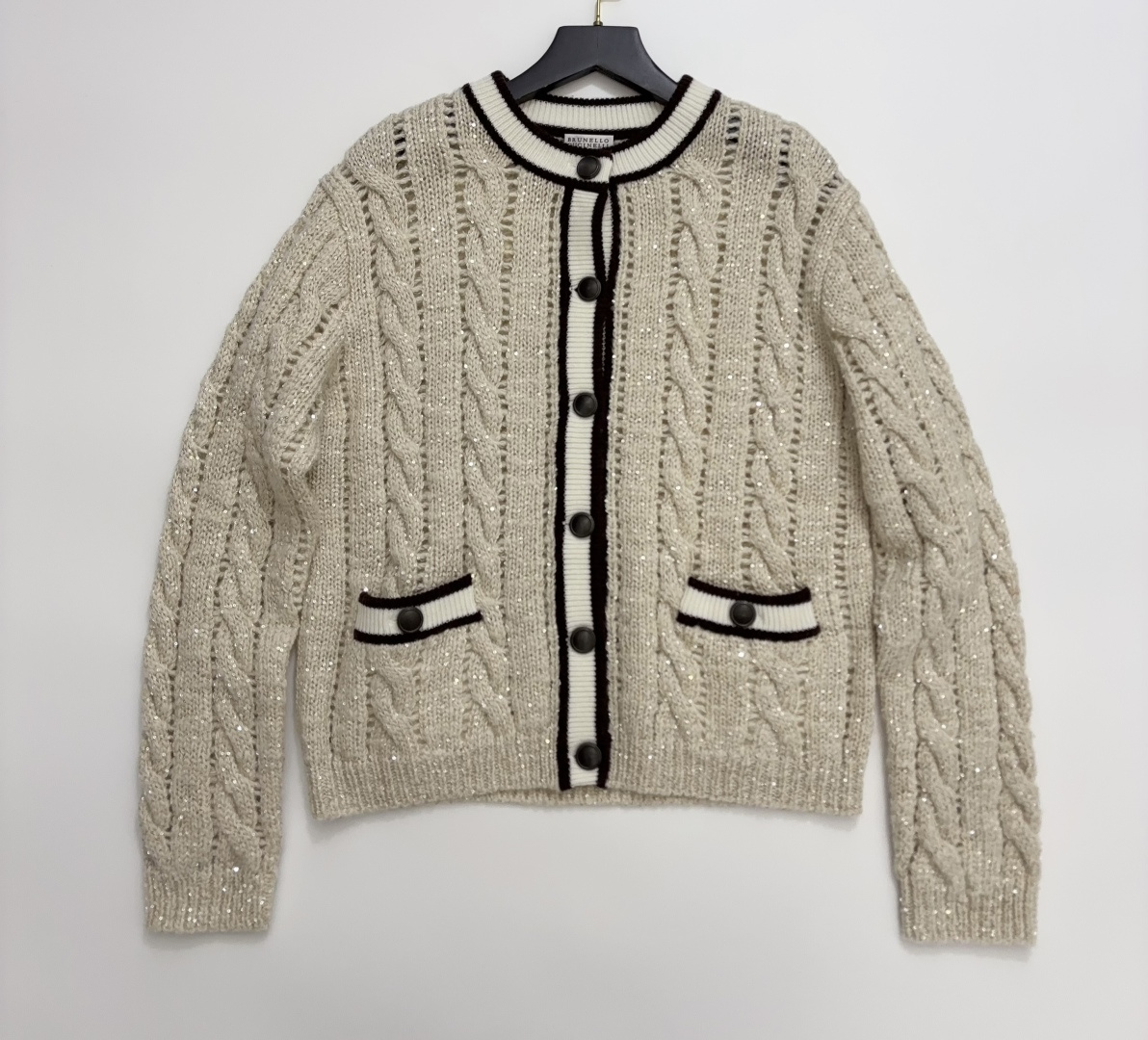 Fine Shimmer Wool Cashmere Stripe Sequin Cable Knit Cardigan