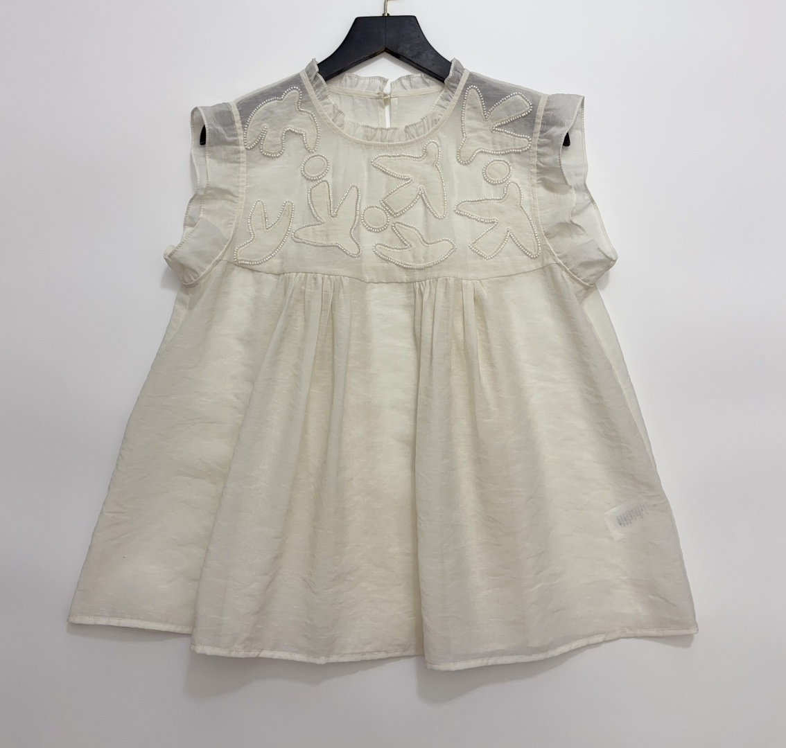 Marchen Heavy Embroidery Beaded Pleated Patchwork Sleeveless Blouse