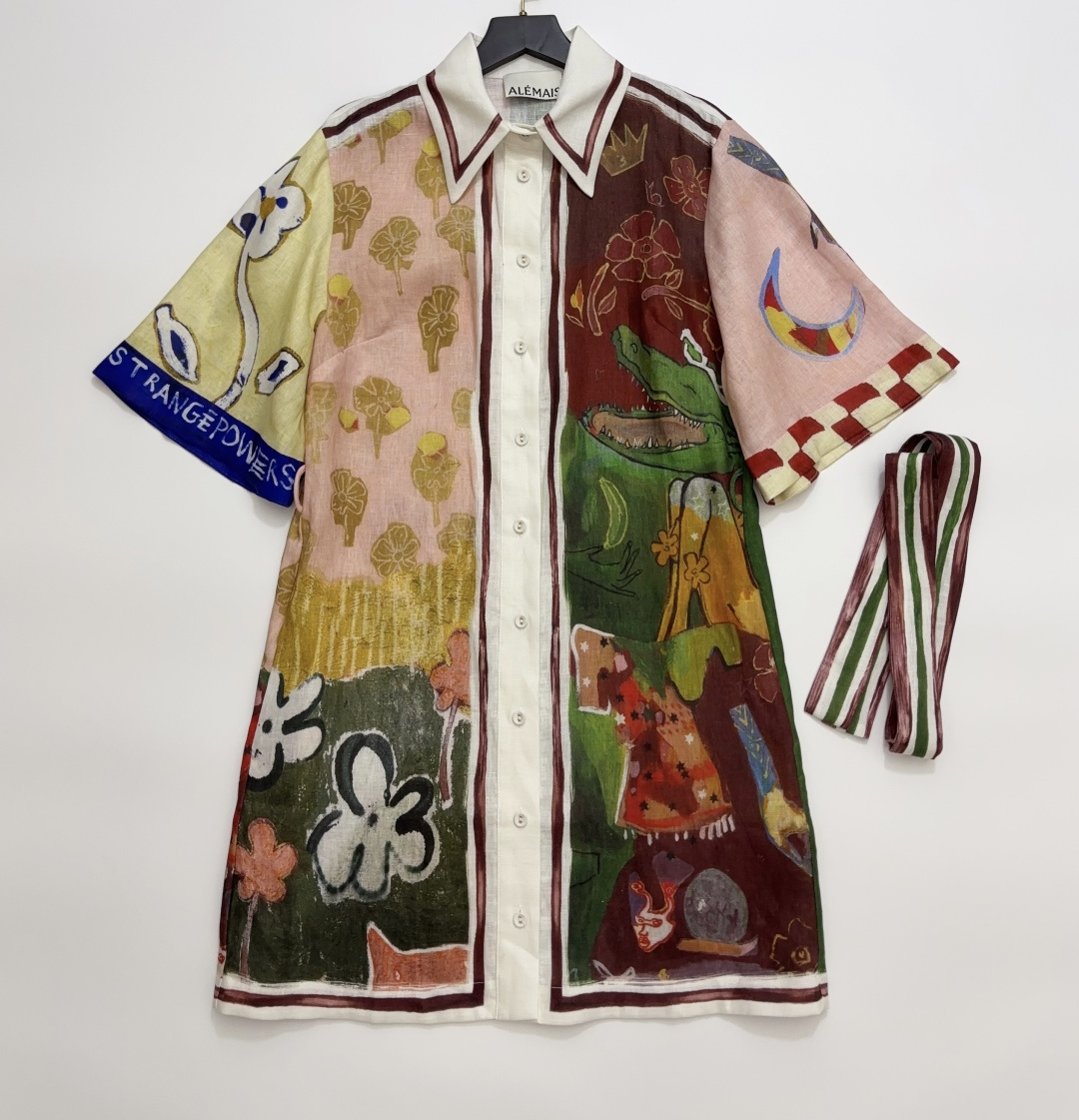 Alémais Patchwork Print Cinched-Waist Shirt Mini Dress