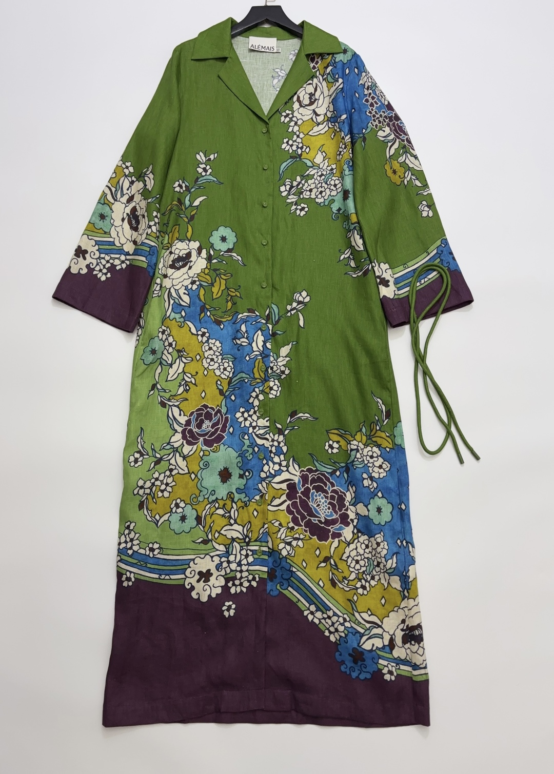 Alémais Green Floral Lapel Waist-Cinching Long Dress