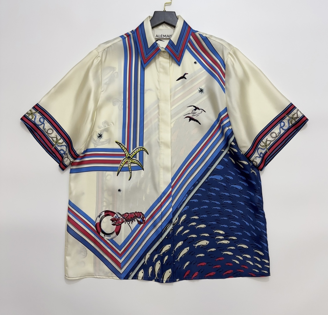 Alémais Apollo Silk Twill Nautical Loose Short-Sleeve Shirt