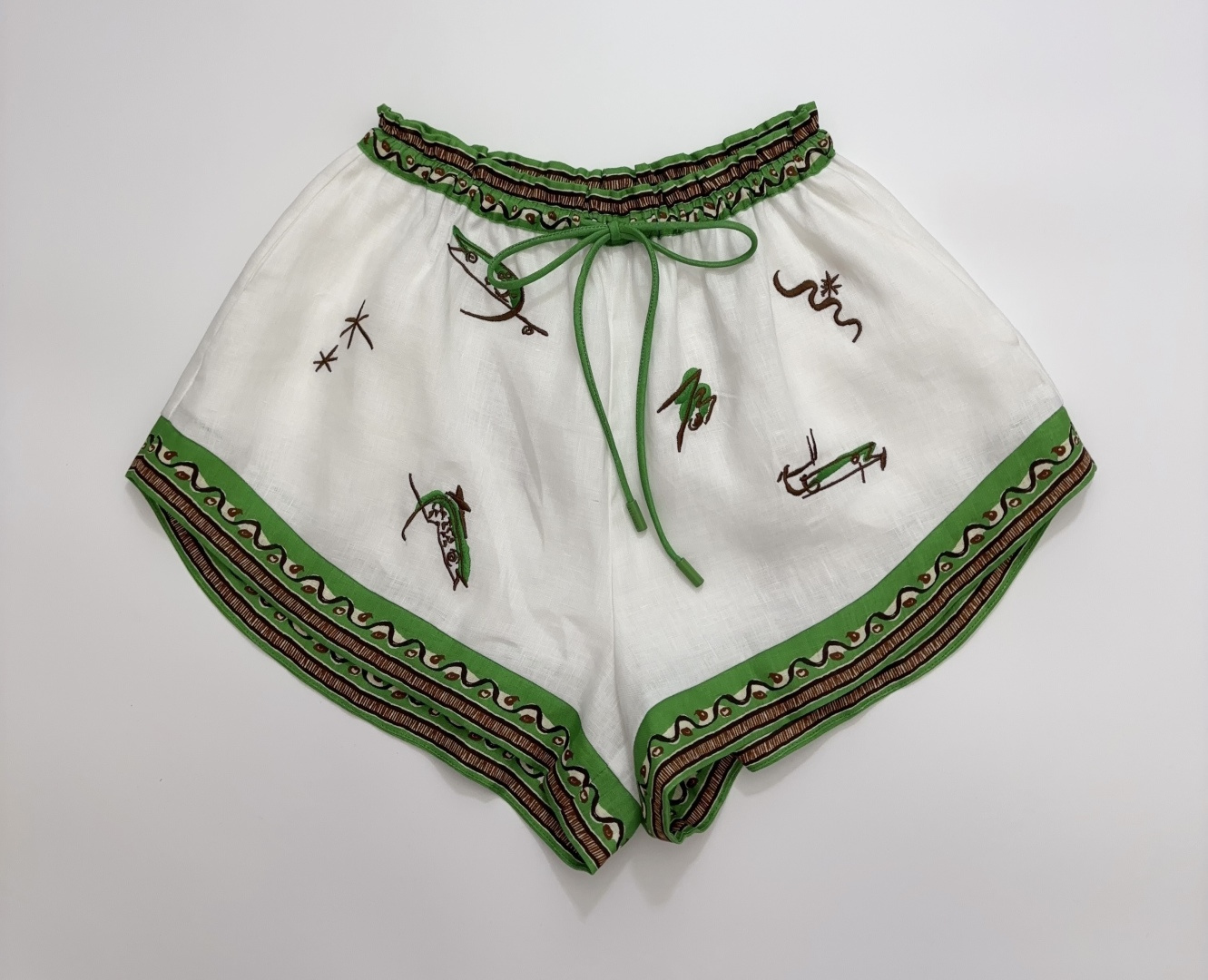 Alémais Contrast Green Trim Embroidered Linen Elastic Waist Shorts