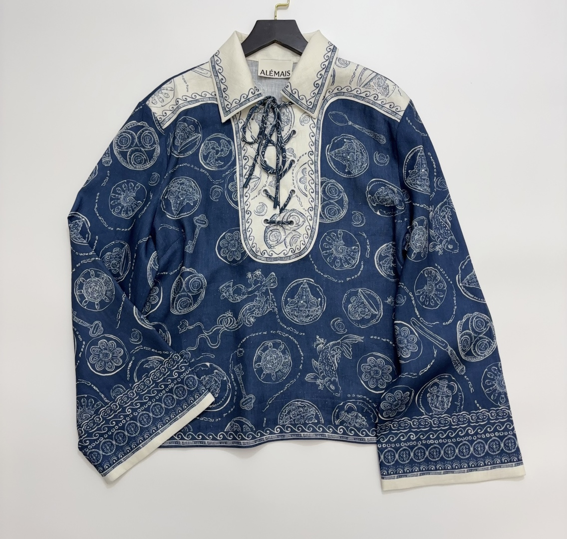 Alémais Linen Blue Lucky Koi Print Long-Sleeve Pullover Shirt