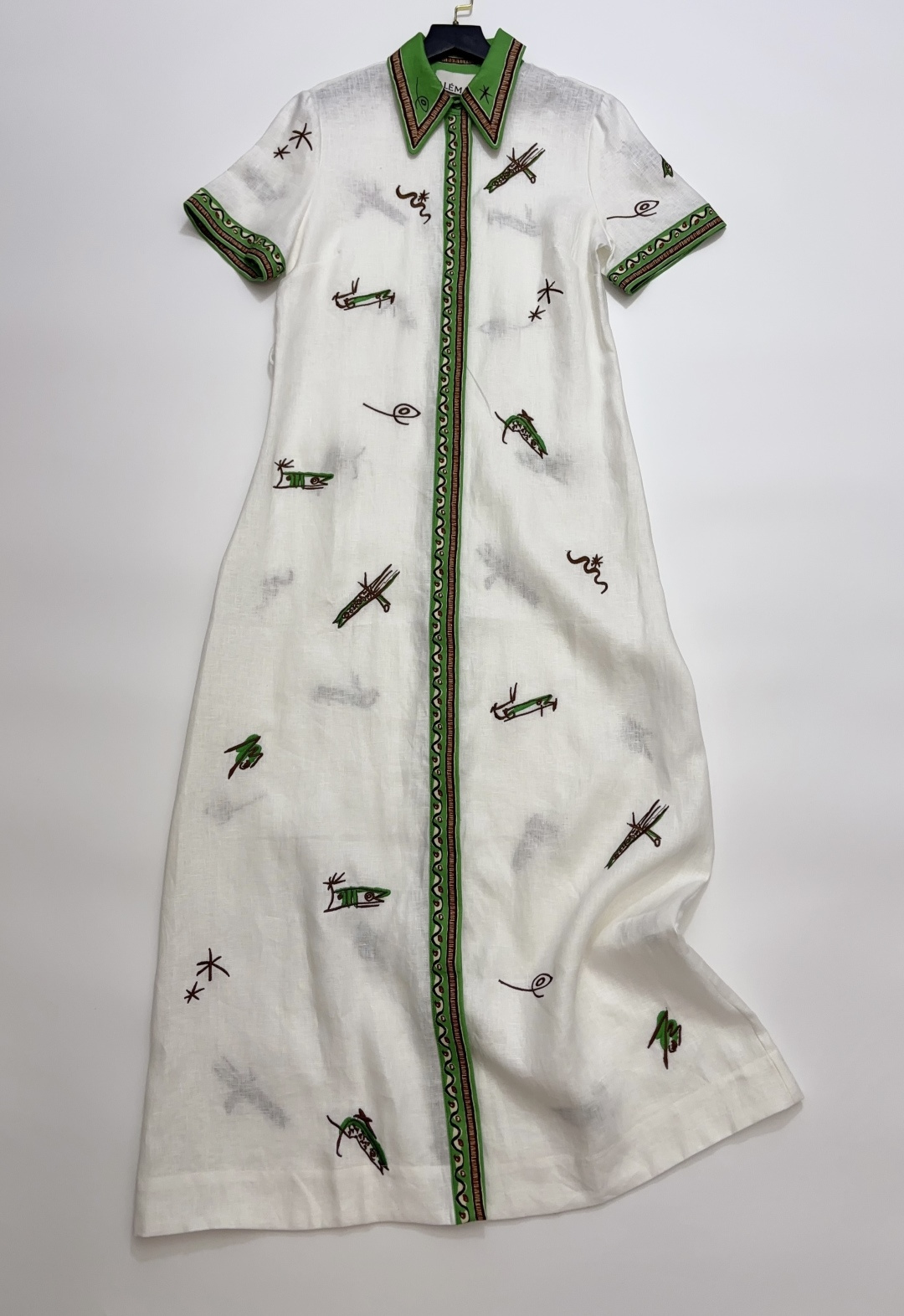 Alémais Contrast Green Collar Embroidered Linen Short Sleeve Maxi Dress