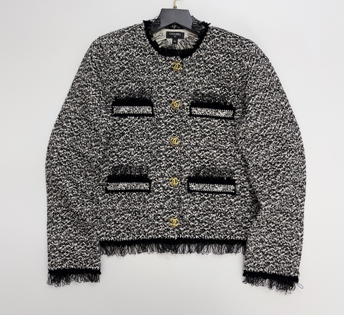 Chanel Vintage Gold Button Classic Black and White Tweed Fringe Trim Jacket