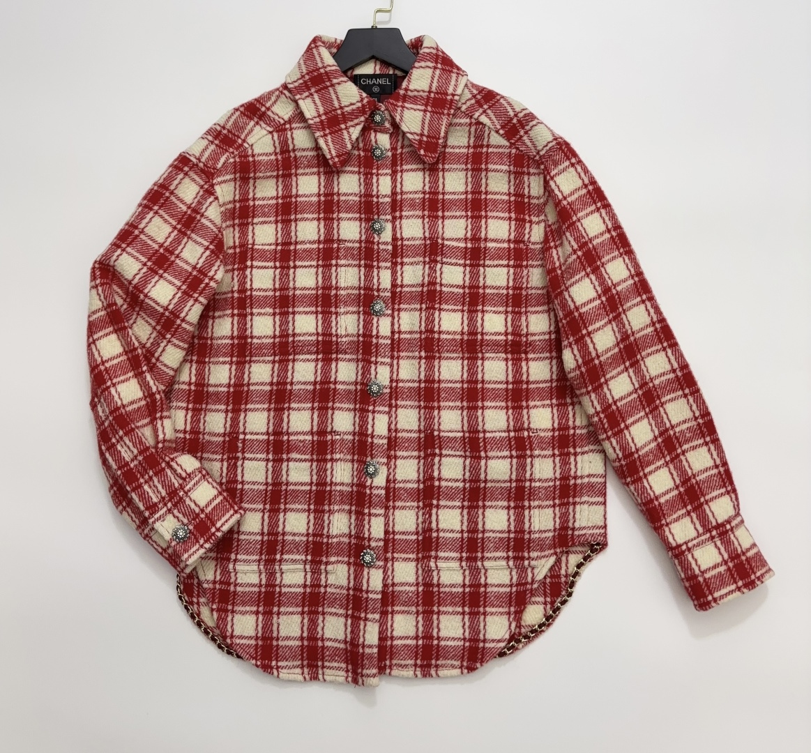 Chanel Autumn Vintage Red and White Plaid Tweed Loose Shirt Jacket