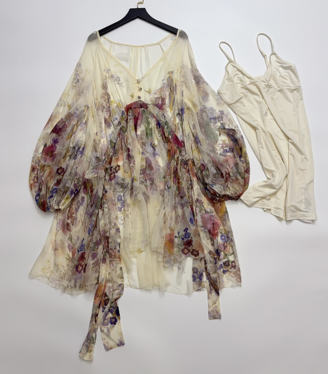 Zimmermann Floral Print Lantern Sleeve V-Neck Drawstring Waist Mini Dress