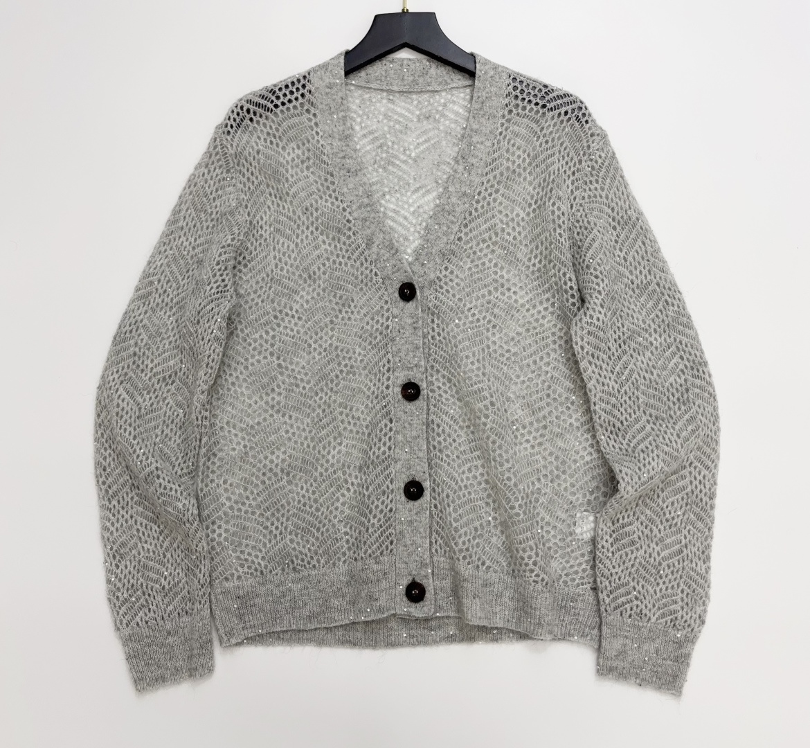 Brunello Cucinelli Shimmering Abstract Leaf Pattern Relaxed Cardigan
