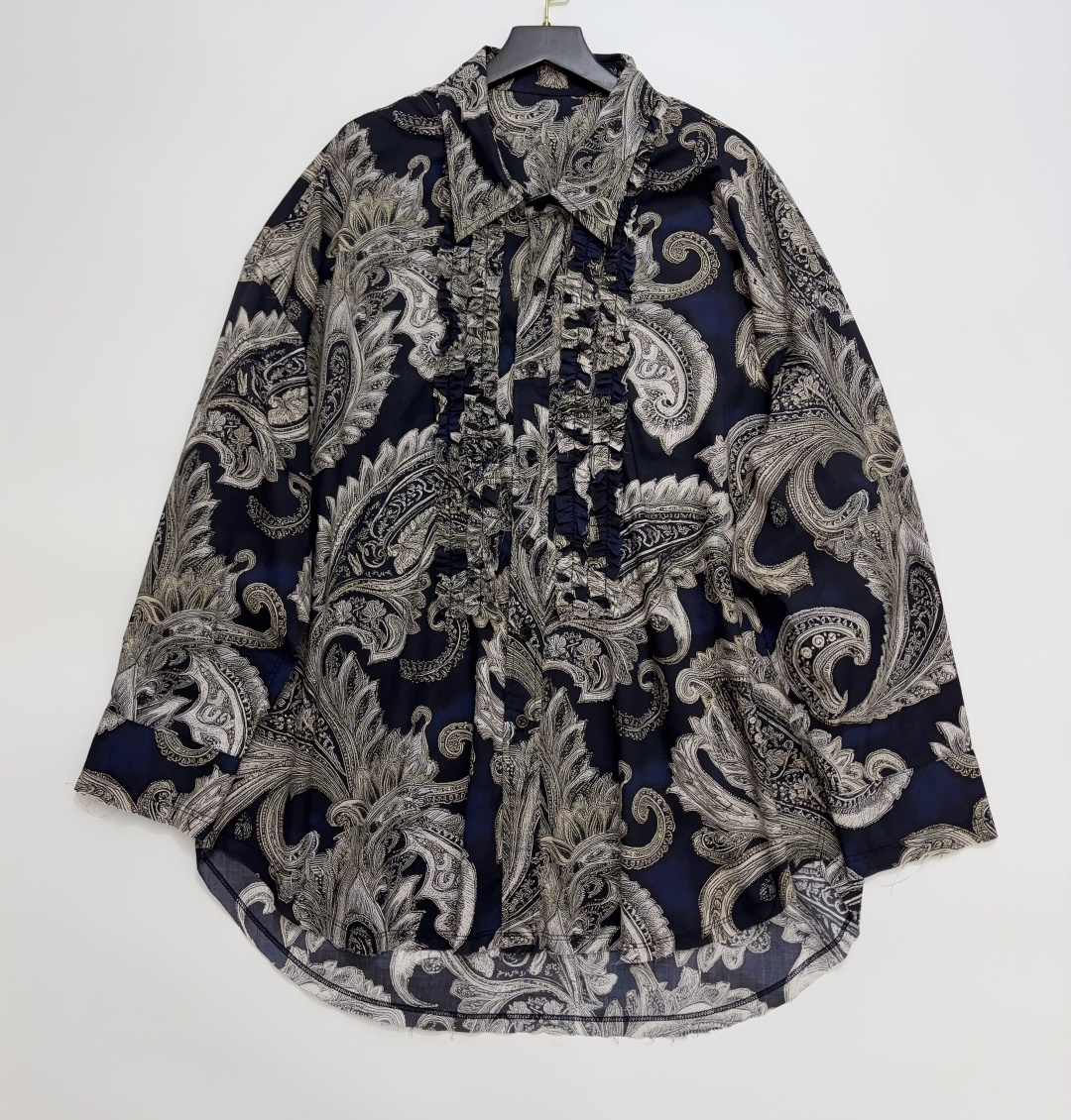 R13 Vintage Paisley Print Pleated Frayed Lace Spliced Placket Oversized Lapel Shirt