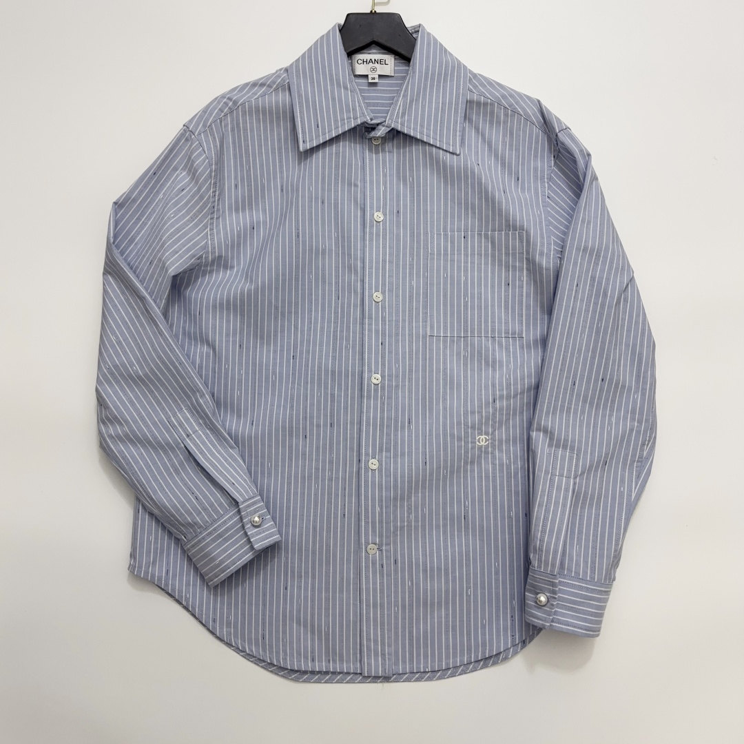 Striped Letter Pearl Button Loose Long Sleeve Collared Shirt