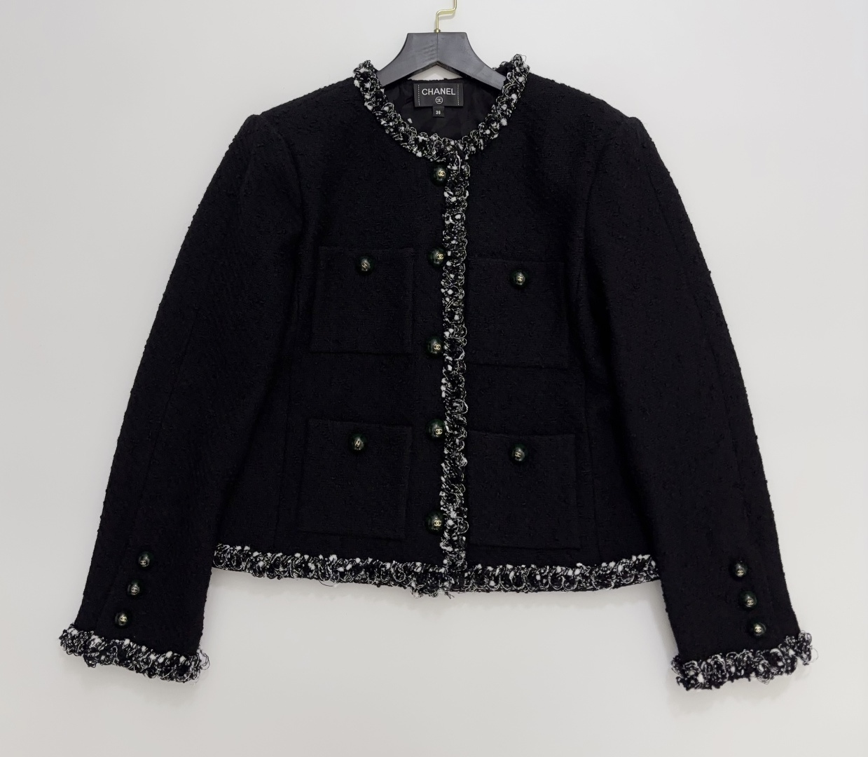 Chanel Vintage Green Button Tweed Multi-Pocket Jacket
