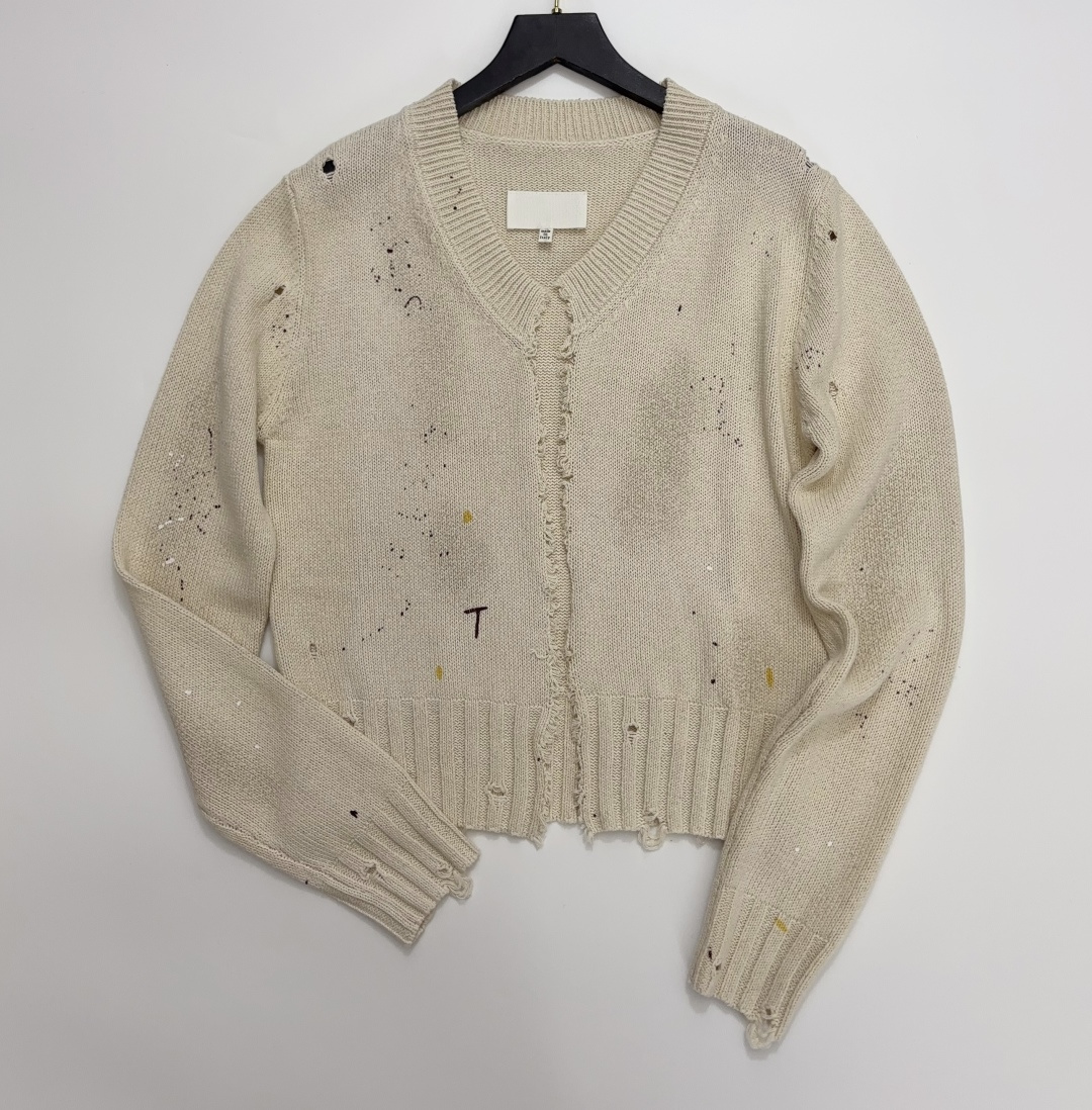 MM6 Maison Margiela MM Distressed Polka Dot Print Knit Cardigan Jacket