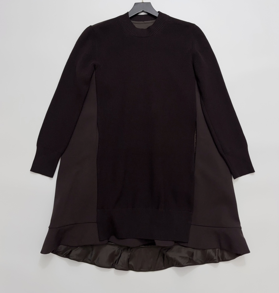 Sacai Vintage Elegant Wool Knit Patchwork Ruffle Loose Dress