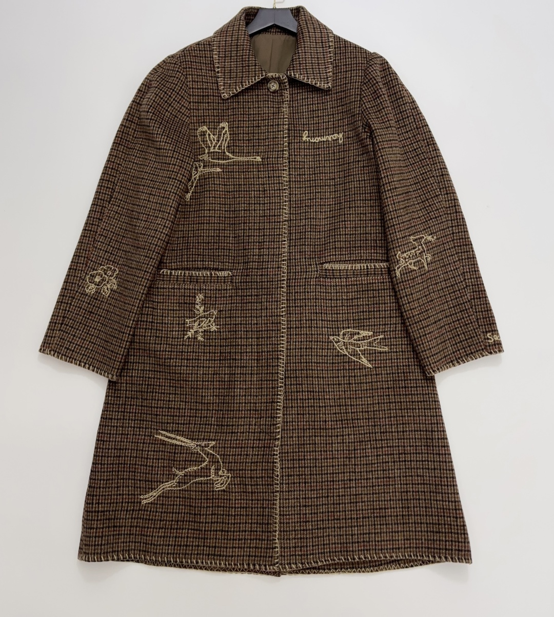 Sea New York Autumn/Winter Letter Embroidery Vintage Plaid Hand-Embroidered Lapel Wool Coat