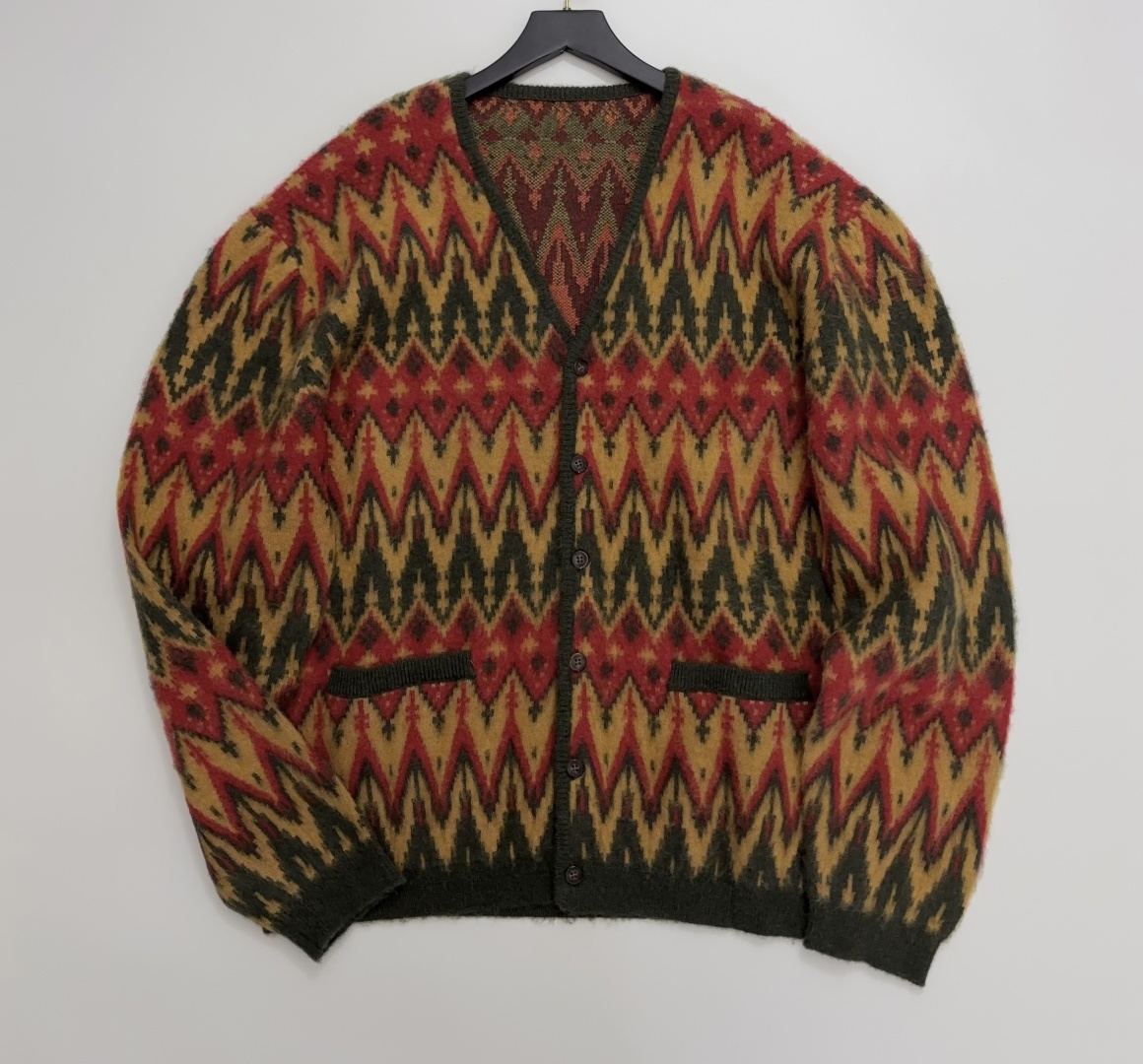 Vintage Jacquard Geometric Color Block V-Neck Mohair Knit Cardigan