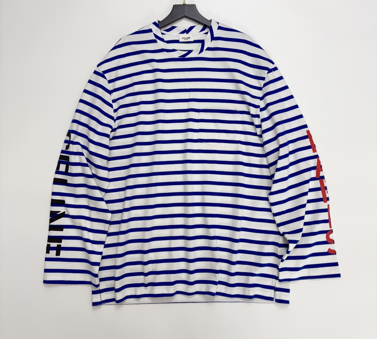 Celine Vintage Striped Blue and White Round Neck Letter Print Long-Sleeve T-Shirt