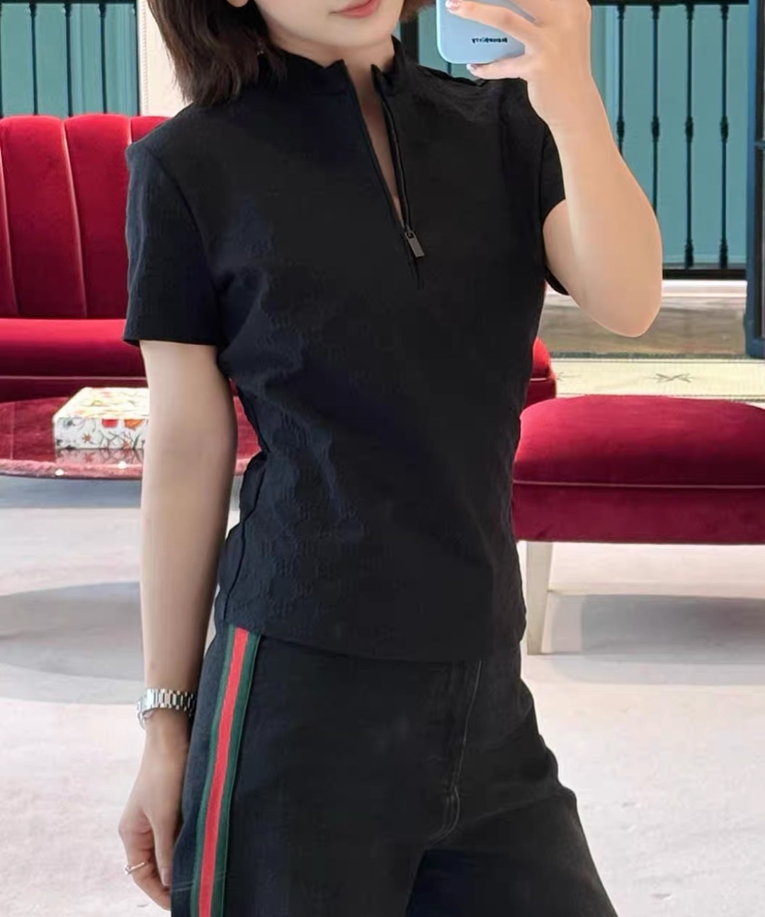 Gucci Logo Jacquard Half-Zip Short Sleeve Top
