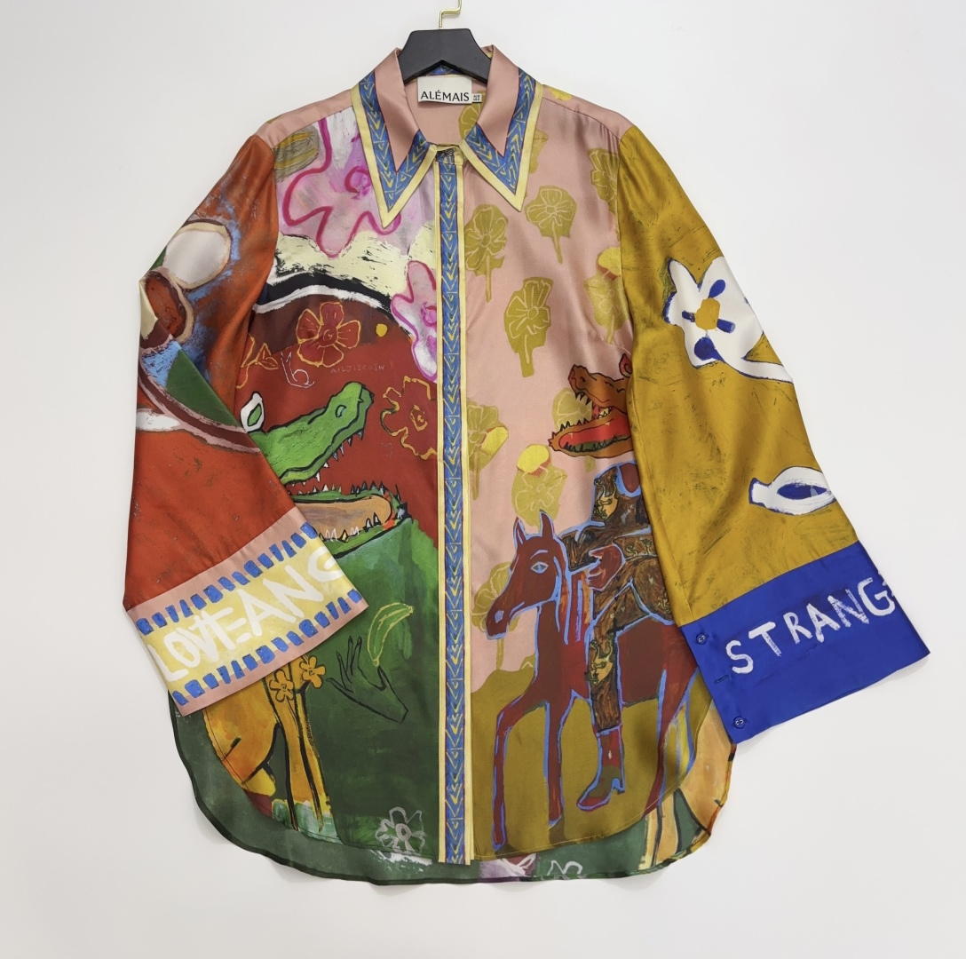 Alémais Floral Graffiti Silk Print Loose Shirt Top