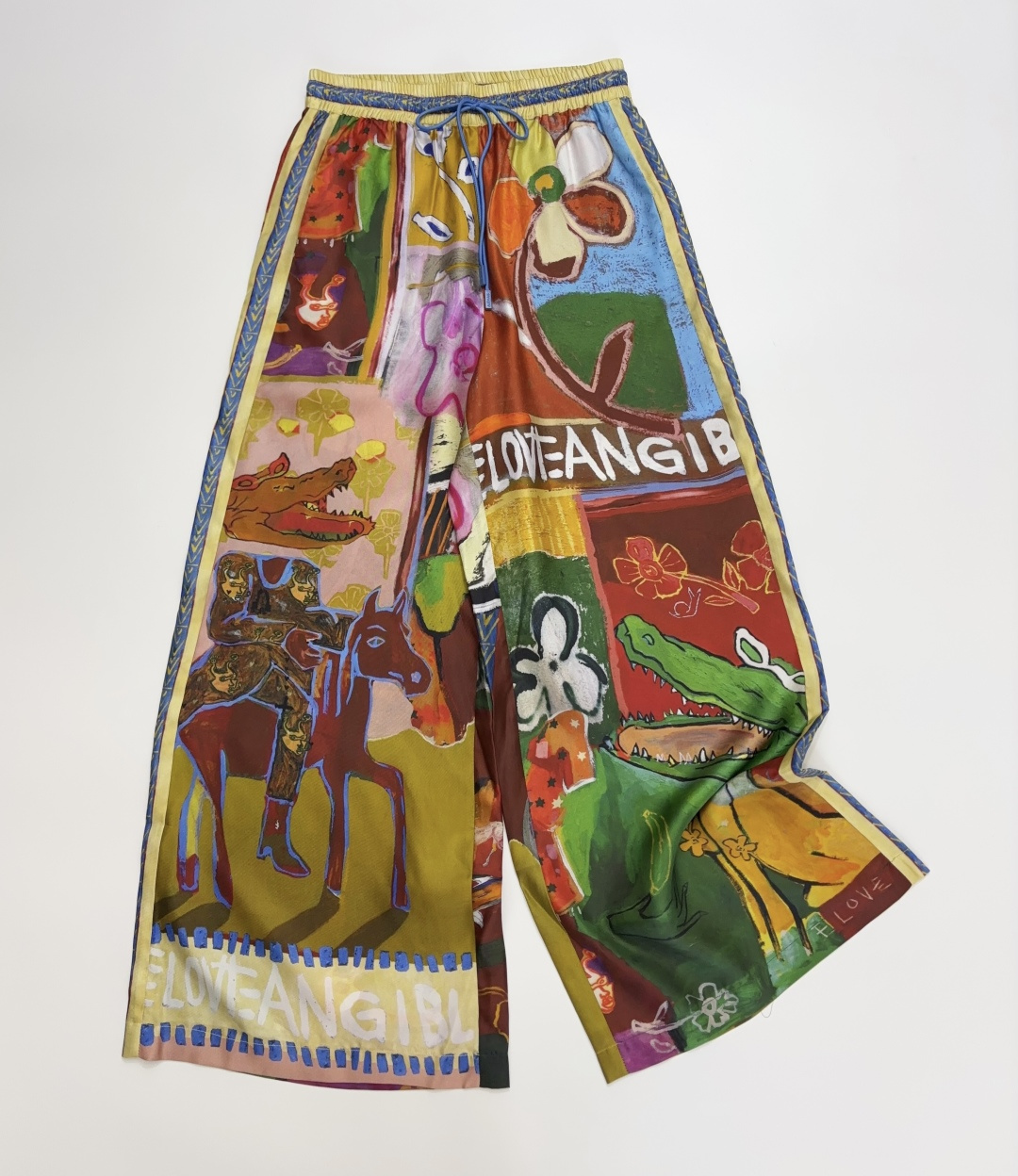Alémais Floral Graffiti Silk Print Elastic Waist Wide Leg Trousers