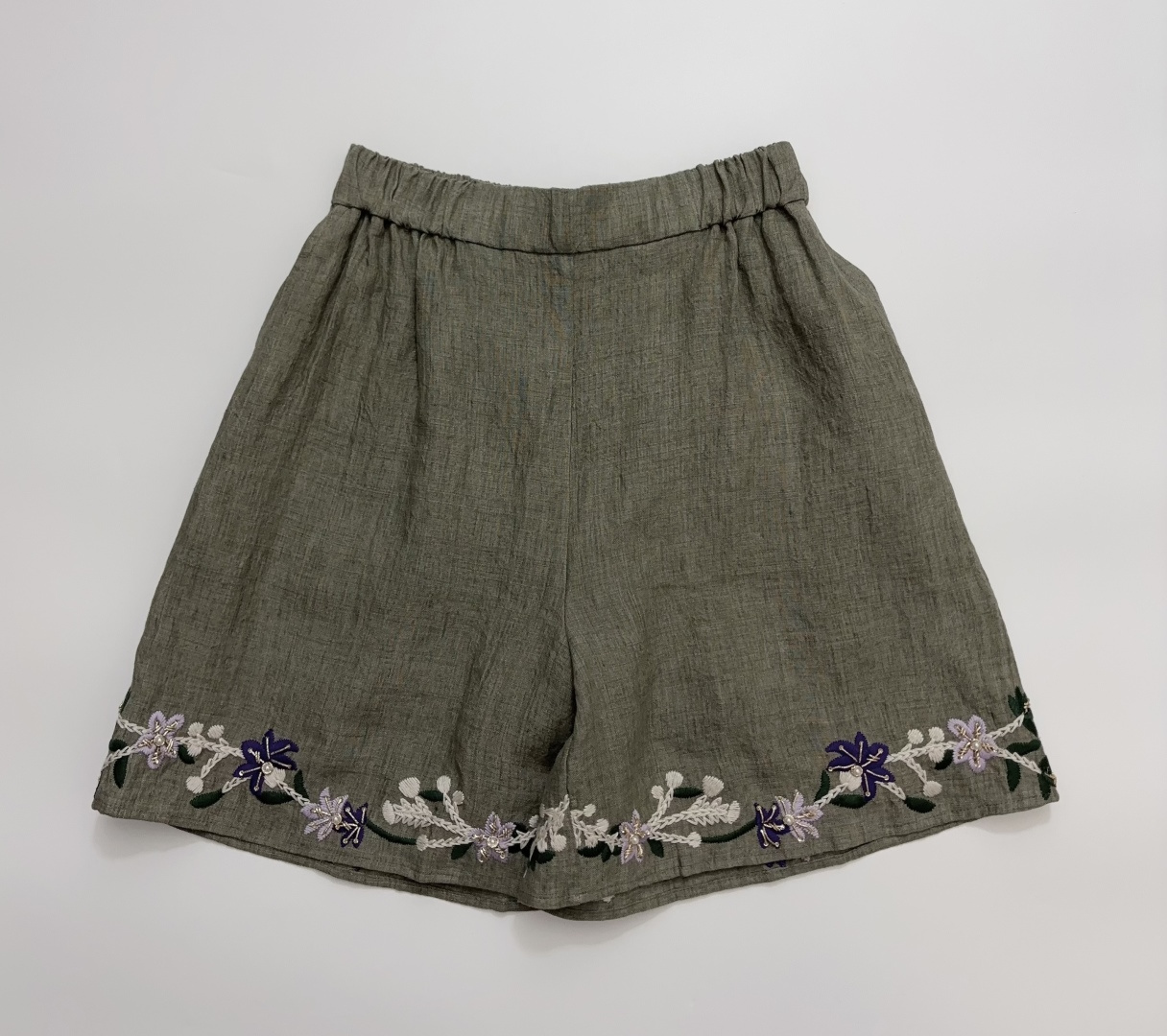 Linen Heavyweight Embroidered Beaded Elastic Waist Shorts