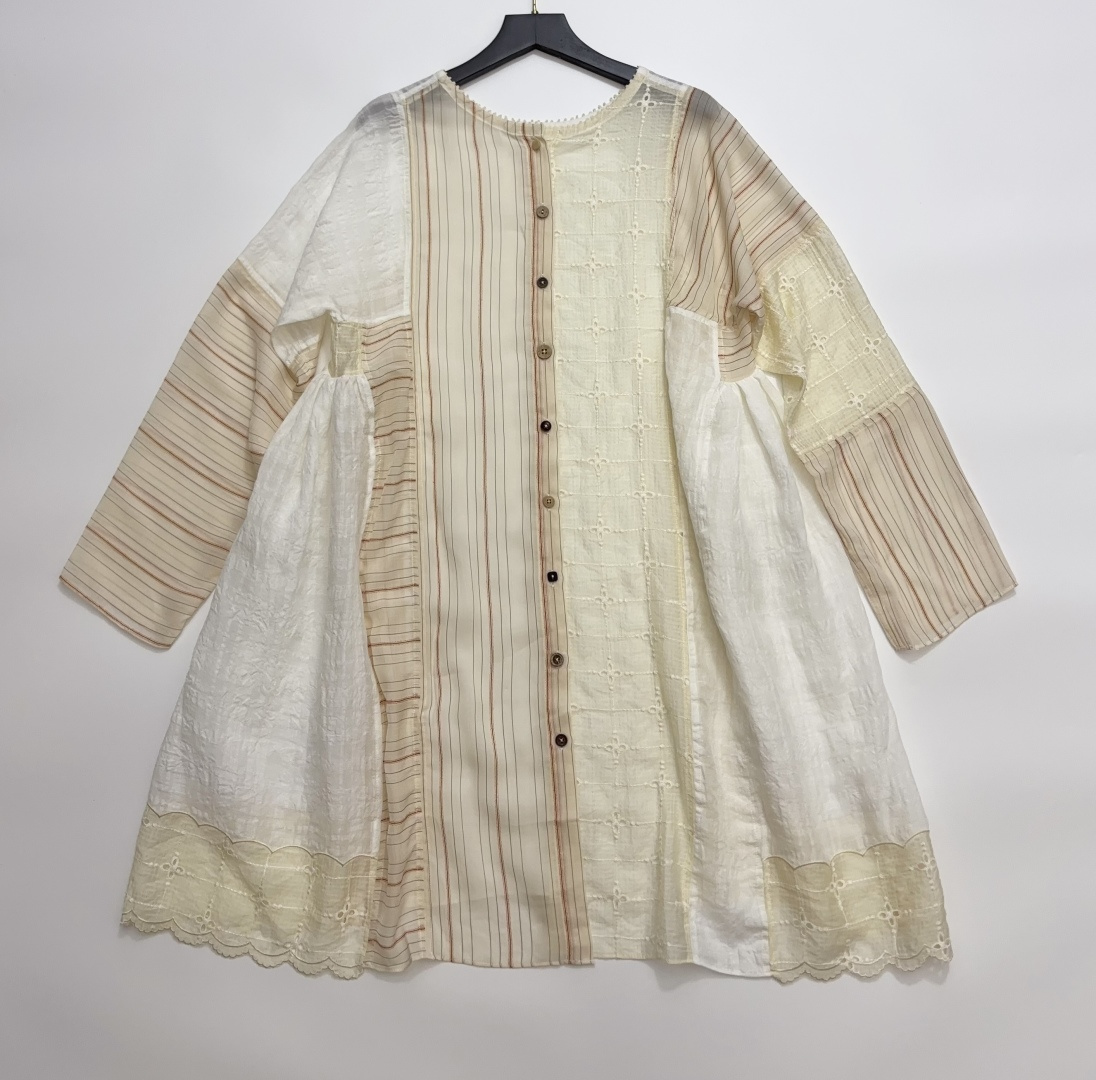 Japanese-Inspired Irregular Patchwork Cutout Embroidered Loose Round-Neck Shirt Dress