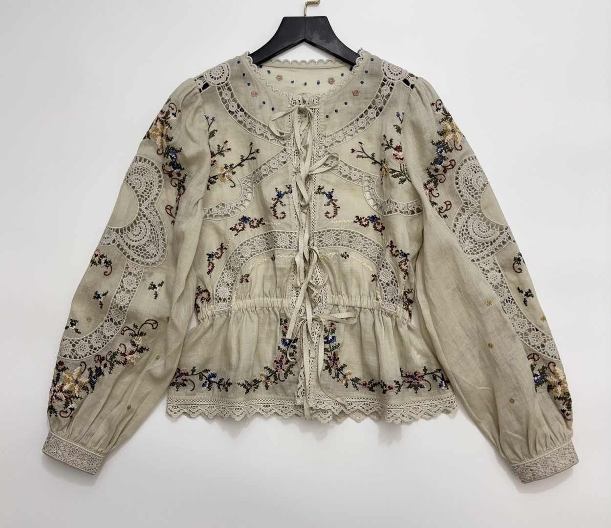 Sea New York Floral Embroidered Colorblock Lace Cutout Cotton Bubble Long Sleeve Shirt
