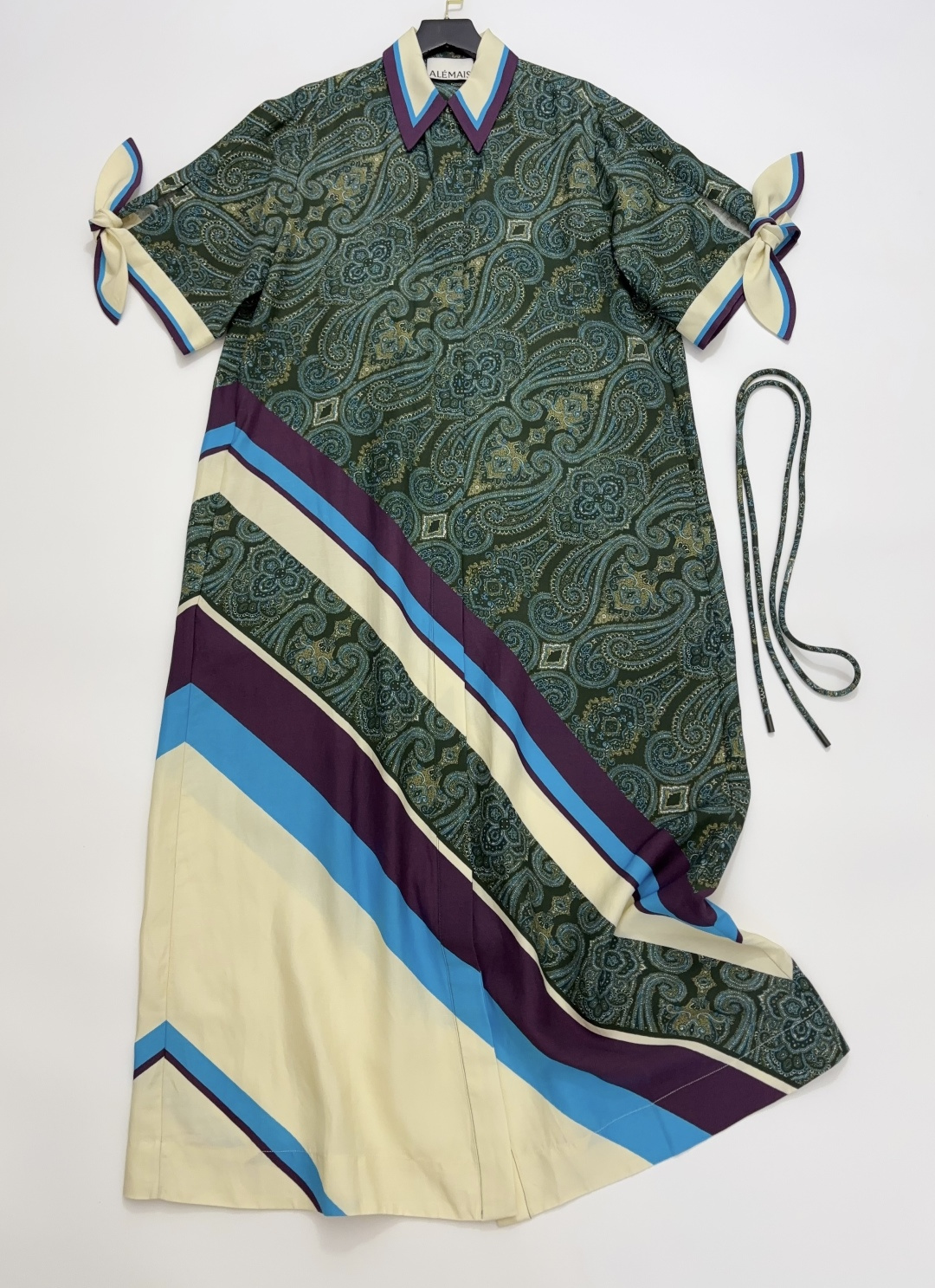 Alémais Vintage Dark Green Paisley Print Linen Blend Loose High Waist Shirt Dress