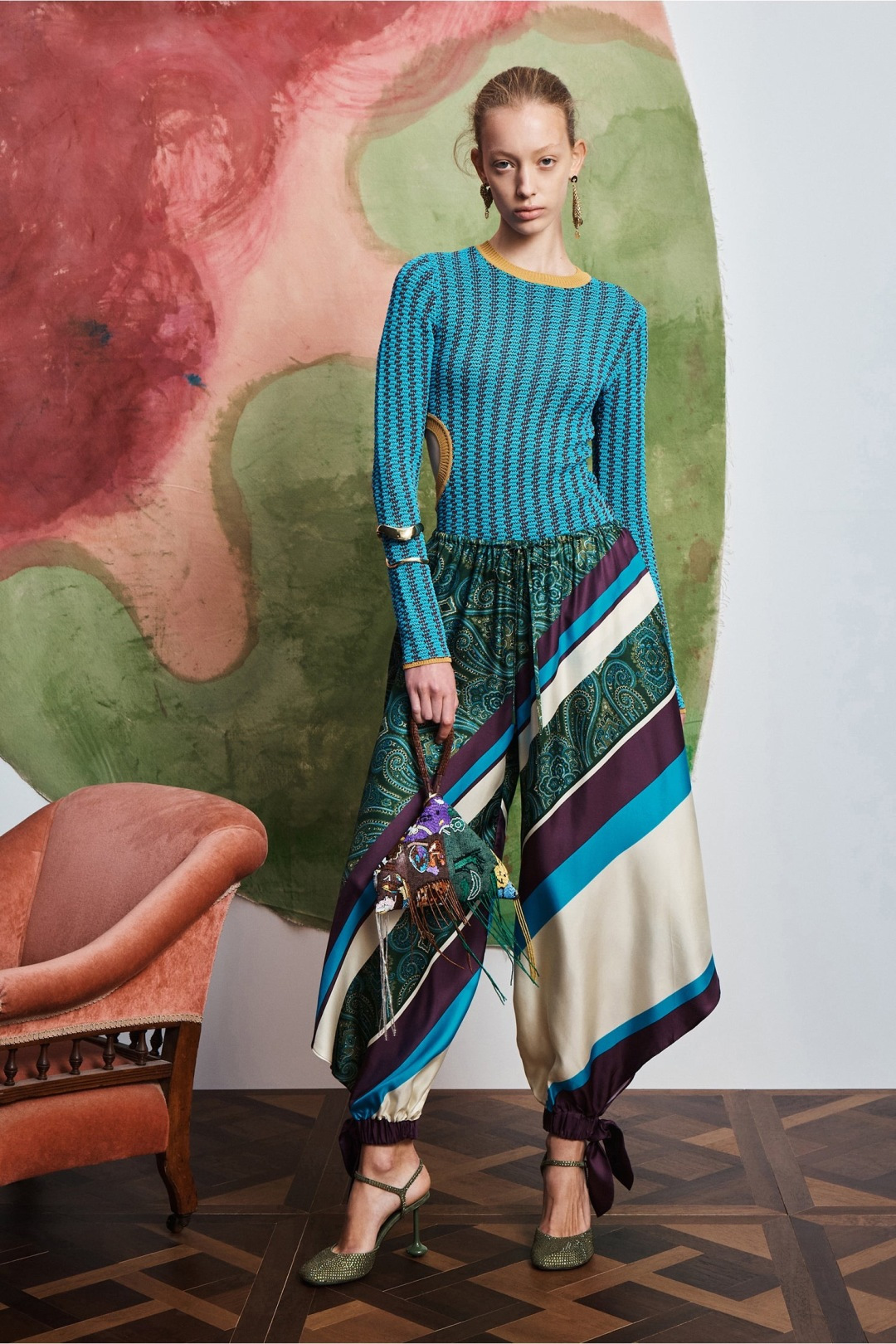 Alémais Retro Dark Green Paisley Print High Waist Wide-Leg Pants