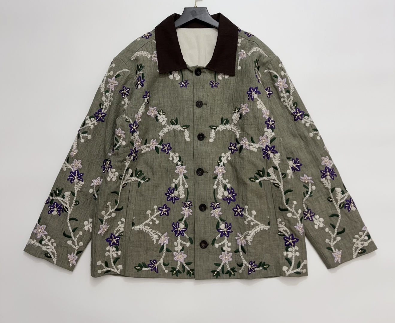 Unique Washed Linen Heavy Embroidered Beaded Lapel Jacket