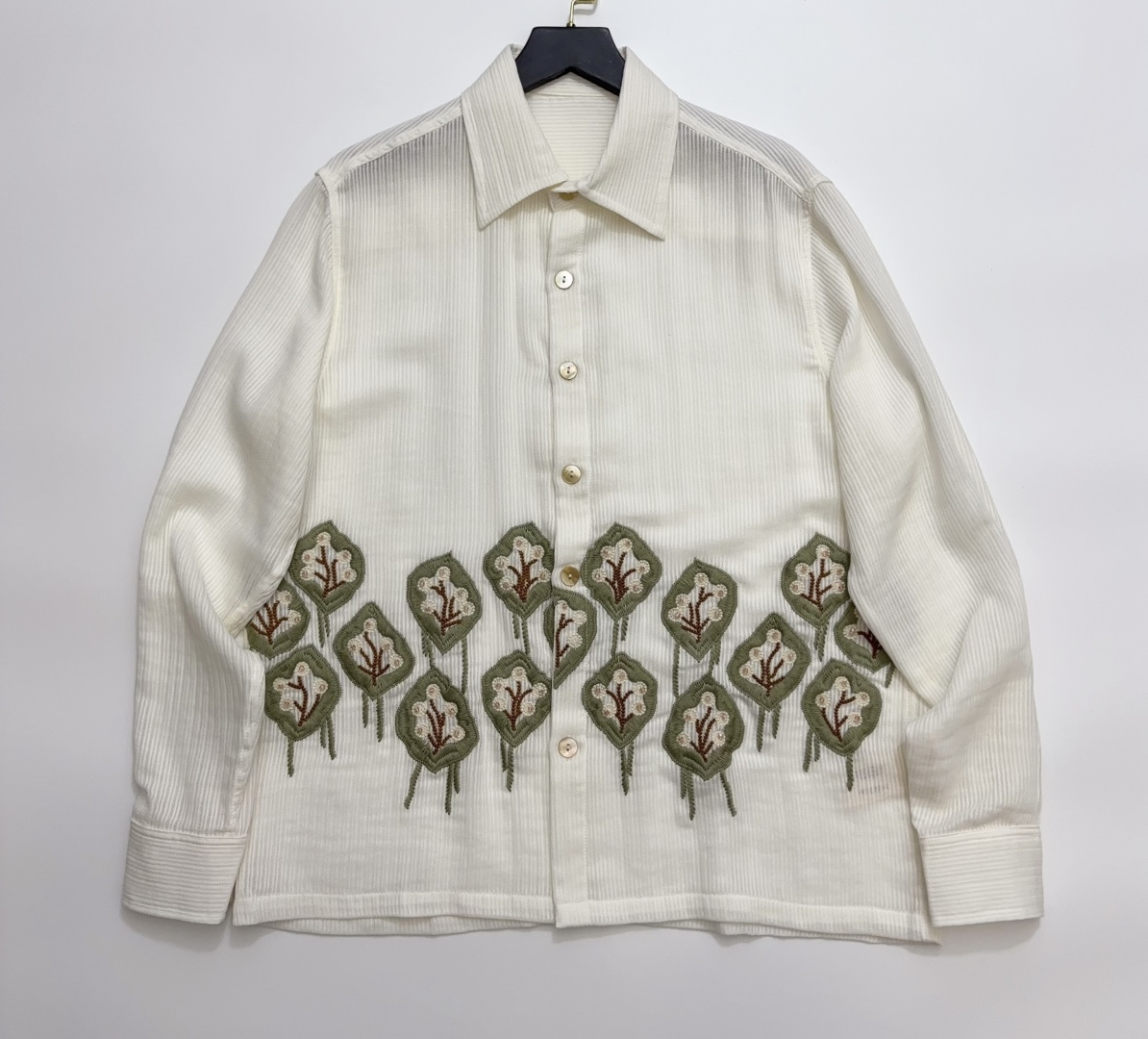 Vintage Heavy Green Embroidered Beaded Floral Striped Loose Collar Shirt