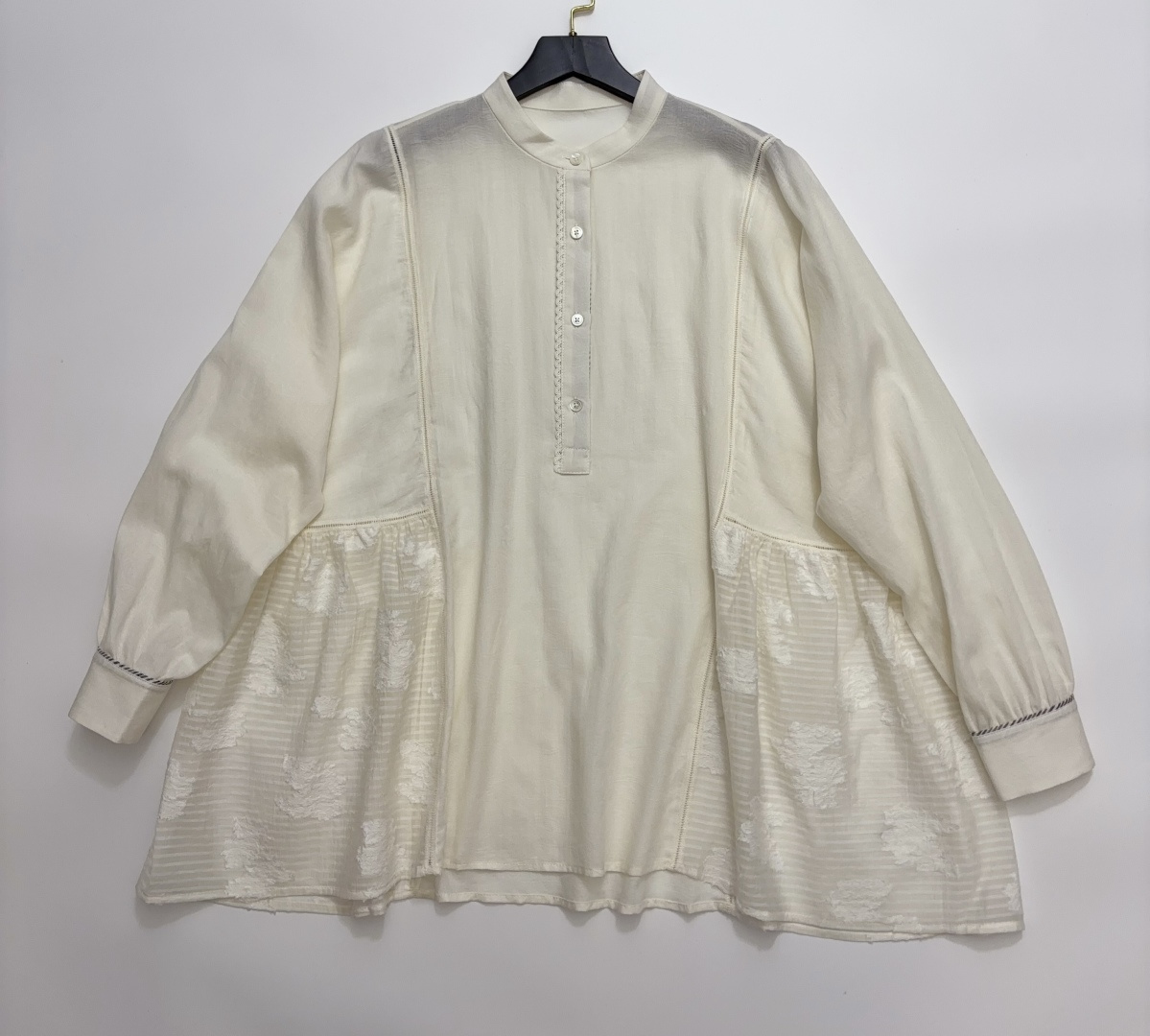 Niche Hollow Lace Patchwork Half-Placket Stand-Collar Shirt