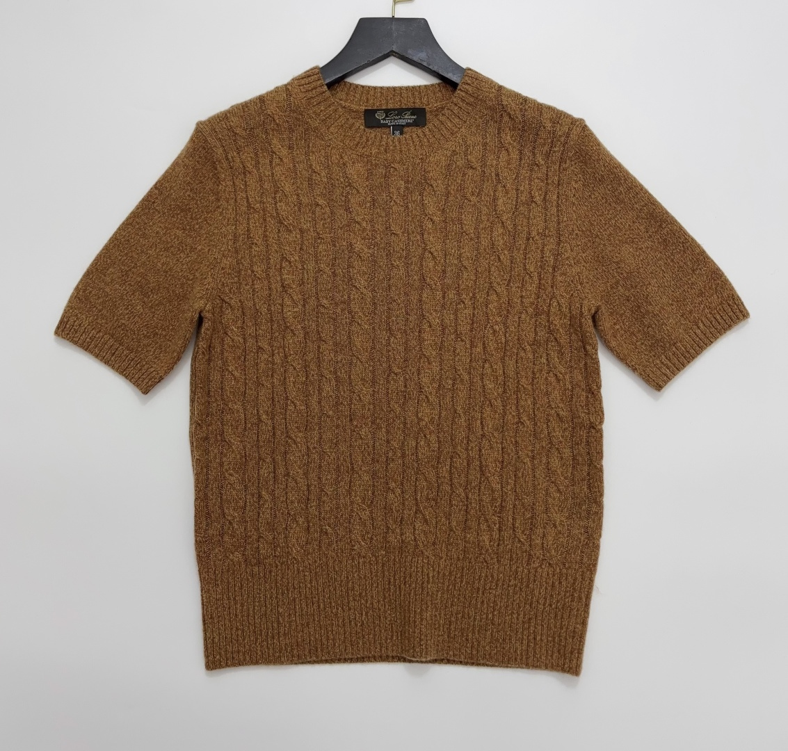 Loro Piana Pumpkin Orange Cable Knit Round Neck Short Sleeve Top