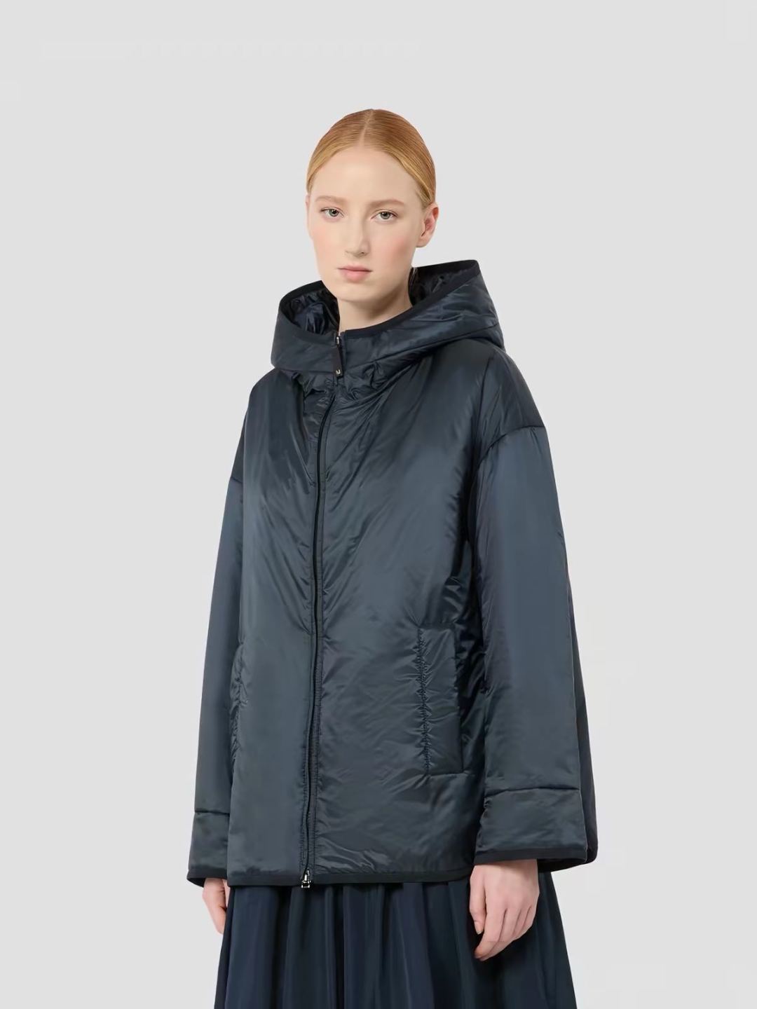 Hooded Camel Down Jacket with Webbing Trim