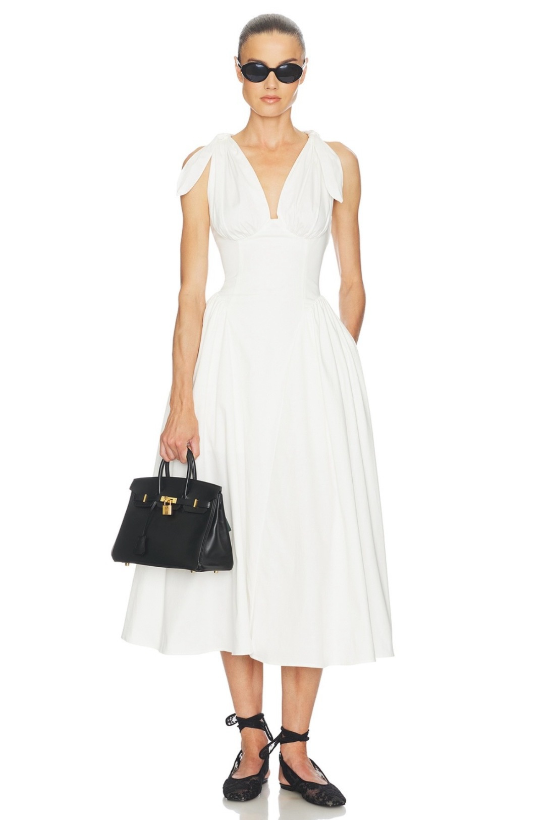 Helsa V-Neck Bow-Tie Crisscross Basque Waist Organic Cotton Long Dress