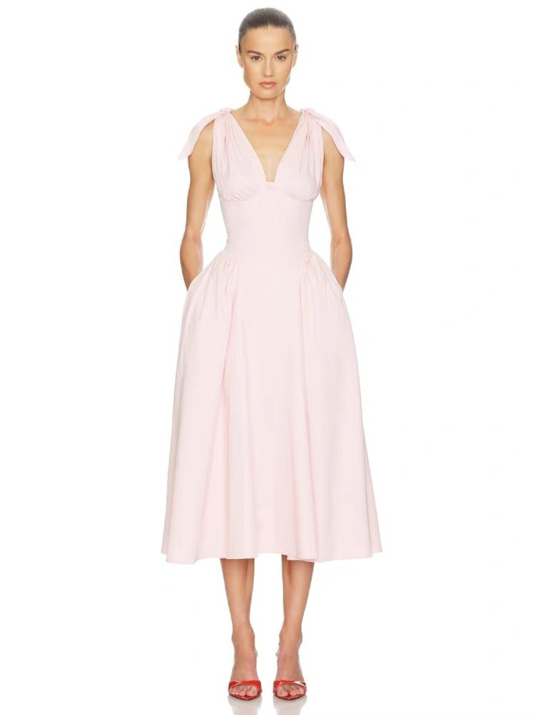Helsa V-Neck Bow-Tie Crisscross Basque Waist Organic Cotton Long Dress