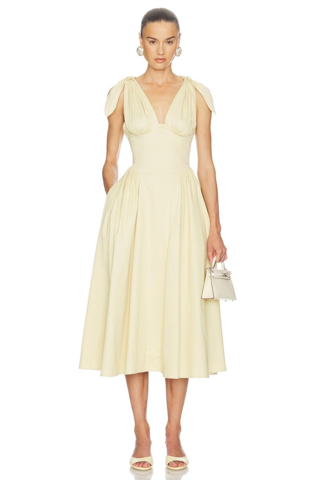 Helsa V-Neck Bow-Tie Crisscross Basque Waist Organic Cotton Long Dress
