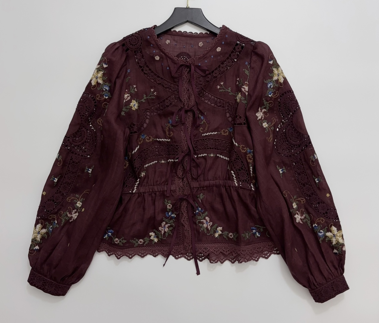 Sea New York Floral Embroidered Colorblock Lace Cutout Cotton Bubble Long Sleeve Shirt