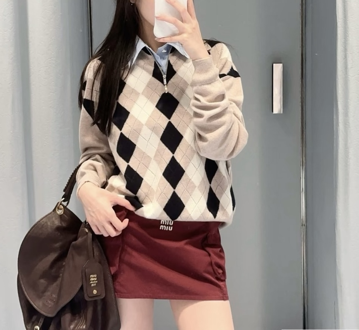 Miu Miu Letter Embroidered Argyle Colorblock Long-Sleeve Knit Sweater